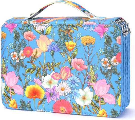 Vomgomfom 200 Slots Pencil Bag, 4-Layer Zipper Portable Art Supply Organizer, PU Leather Large Capacity Colored Pencil Case with Handle for 200 Watercolor Pens, Gel Pens (Blue Flower)