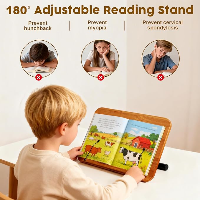 2 in 1 Dual-use Music Stand & Desktop Book Stand, Adjustable Height 16.5"-51", 100% Solid Wood Laptop Floor Stand Book Holder with Elastic Page Clips for Cookbooks, Sheet Music (Brown-Wheeled)