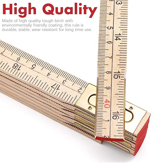 Jeemiter Heavy-Duty Wood Folding Rule, 6.5FT/2M Hardwood Carpenter Ruler with Brass Hinges | Anti-Warp Yard Stick with Inch & Metric Scales