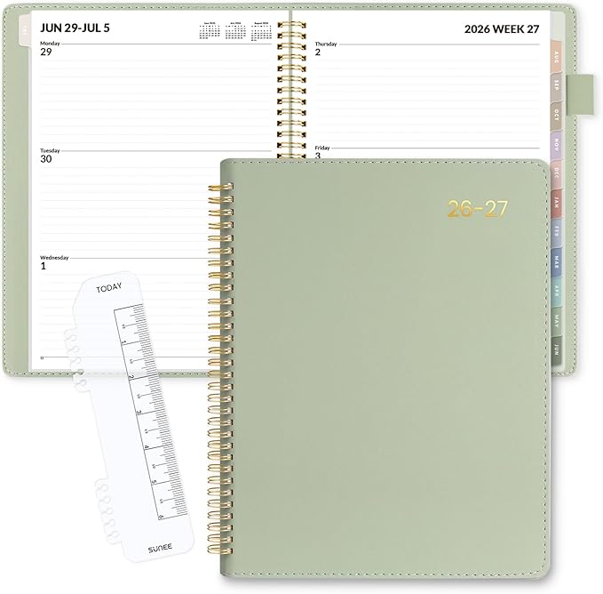 SUNEE 2026-2027 Weekly & Monthly Planner 9"x11.2" - 12 Month (July 2026 - June 2027), Vegan Leather Cover Planner Academic Year Calendar, Pocket, Notes, Monthly Tab, Green