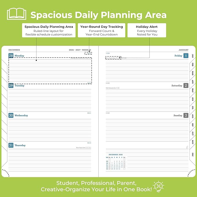 Weekly Monthly 2026-2027 Planner (July 26-Dec 27),8.5"x6.5",18 Months Agenda Plan with Month Tabs & Pocket,Expenses/Note Pages, Academic Calendar with Vegan Leather Cover,Wasabi Green