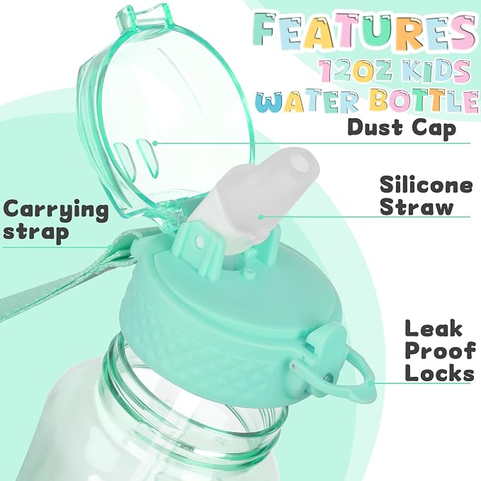 OLDLEY 12oz Kids Water Bottle, Tritan BPA-Free, Leakproof Flip Straw Lid, Motivational Time Marker, Carry Strap, Reusable Clear Water Bottle for Boys & Girls,Glow Green