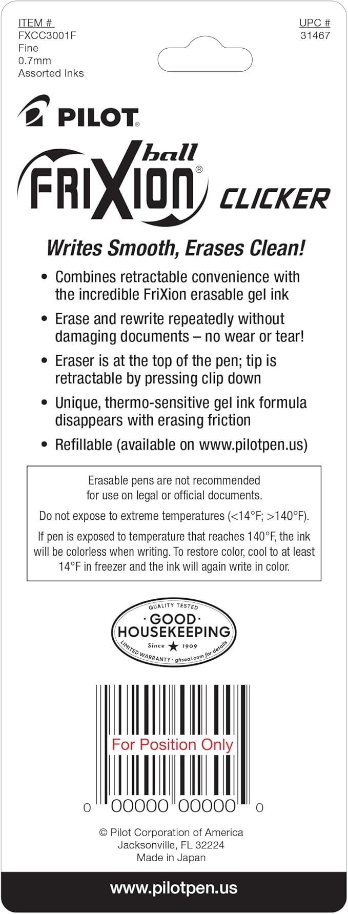 Pilot FriXion Clicker Erasable, Refillable & Retractable Gel Ink Pens Fine Point 0.7mm, Erasable Pens, Assorted Color Inks, 3-Pack