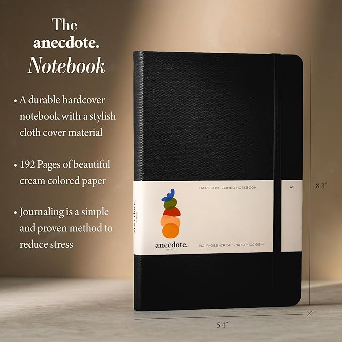 ANECDOTE. Lined Journal Notebook, 192 Pages, A5 size: 8.3" x 5.4", Thick 100 GSM Paper, Ruled, Hardcover. Journal for Women and Men, Perfect Notebook for School, Work and Travel (Black)