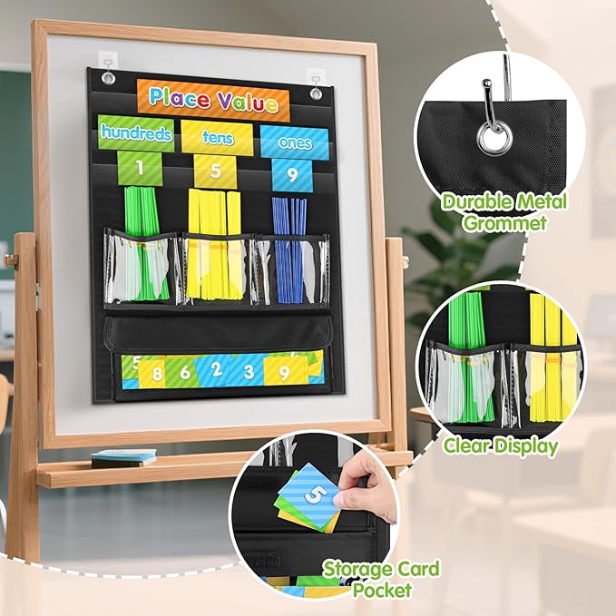 Counting Caddie and Place Value Pocket Chart for Kindergarten Preschool Homeschooling Classroom,210 Straws & 30 Number Cards & Header Cards Included (Black)