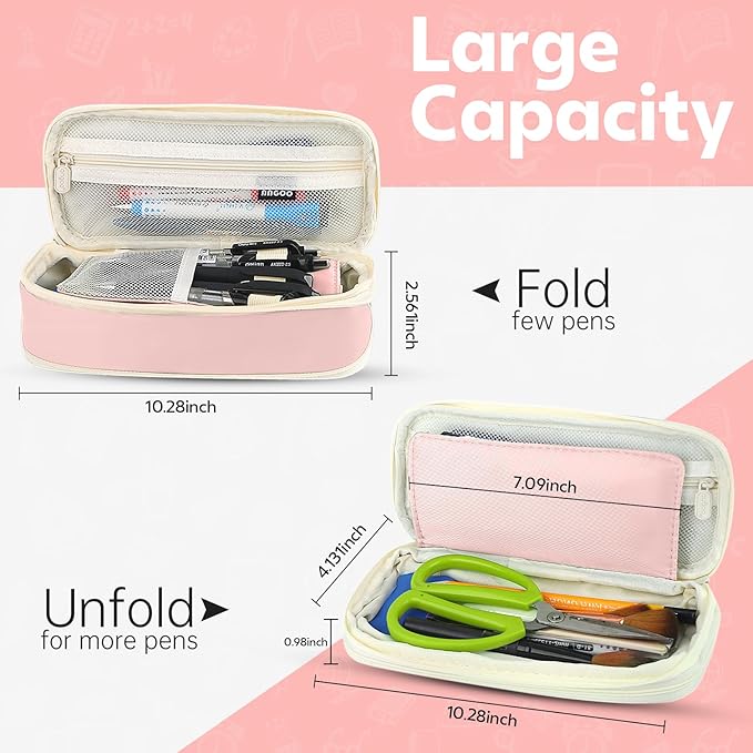 PUPTILY Pencil Case, Large Capacity Aesthetic Pencil Cases with Durable Zipper, Big Stationery Pencil Pouch for Women & Men, Adults Portable Storage Organizer Bag for College, office, Travel (Pink)