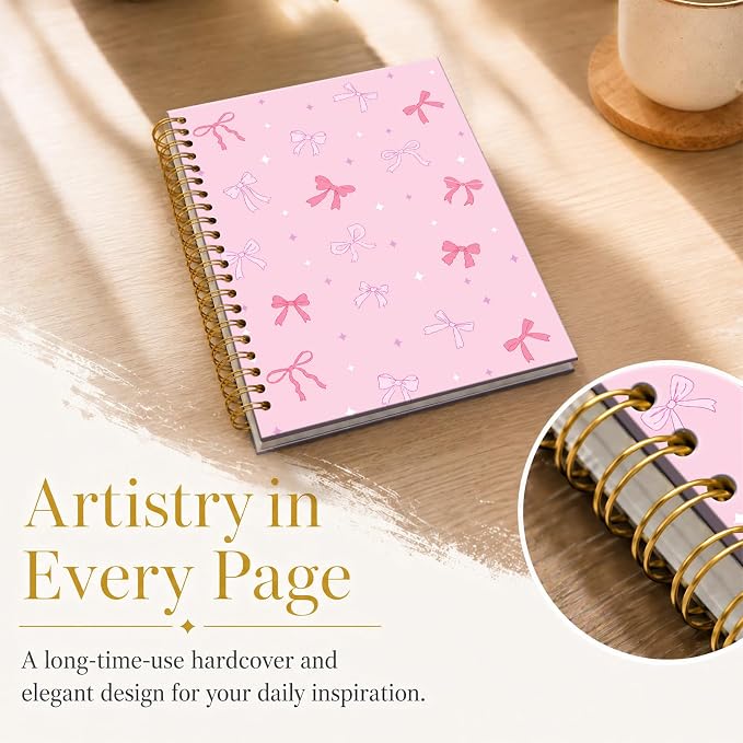 ATJFKIXL Cute Spiral Journal Notebook, A5 120 Page College Ruled Wirebound Notebook, Soft Cover for Students Office Notes and Planning - Pink Bow Sparkle