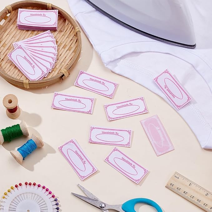 30 Pcs Handmade Iron on Labels Personalized Woven Iron-On Labels White Background with Pink Text Count Fabric Label Sew/Ironing on Label for Clothing Knitting Quilting Crafts 2.2'' *1''