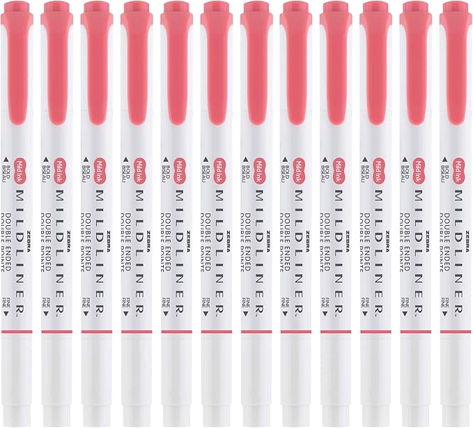 Zebra Pen Mildliner Dual-Tip Highlighters, Broad and Fine Tips, Ideal for Bible Highlighting, No Bleed, School Supplies, Teacher Supplies, and Office Supplies, Mild Red Ink, 12-Pack (78130upc)