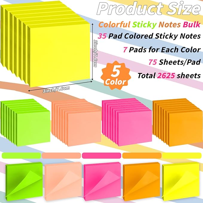 35 Pack Sticky Notes Bulk 3 x 3 In Self Stick Notes Pads Colorful Posted Note in 5 Bright Color Adhesive Paper Memo 75 Sheets/Pad Easy to Post note pad for Office Home School Notebook Wall Door Window