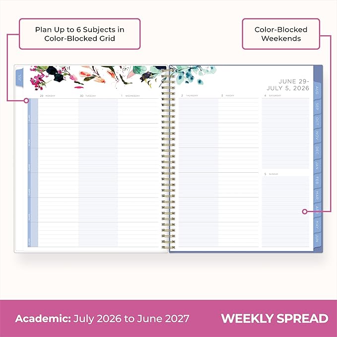 Blue Sky Kelly Ventura 2026-2027 Weekly and Monthly Academic Year Student Planning Calendar, July 2026 - June 2027, 8.5" x 11", Flexible Cover, Wirebound, Laminated Tabs, Storage Pocket, Magnetic & Snap In Book Marks, Includes Stickers, Blooming