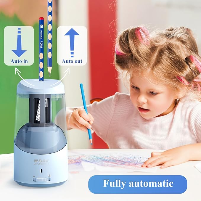 M&G Blue Electric Pencil Sharpener, Portable Automatic Pencil Sharpener for Colored Pencils, Auto Stop, Super Sharp & Fast, USB Operated for 6-8mm Pencils for Kids, School, Office, Home (Blue)