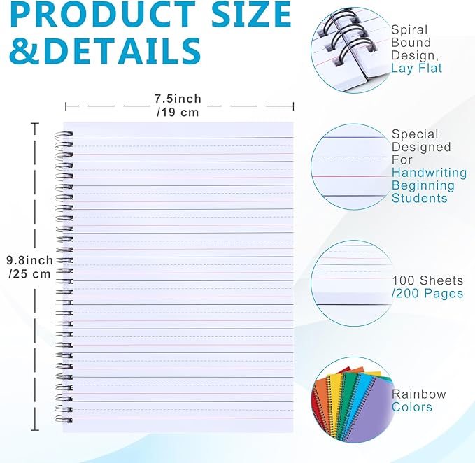 Gilprop Primary Composition Notebook Spiral K-2 Writing Workbook Wide Ruled Paper Primary Journal 100 Sheets 9.8" x 7.5" Kindergarten Preschool Handwriting Toddler Notebook for Kids