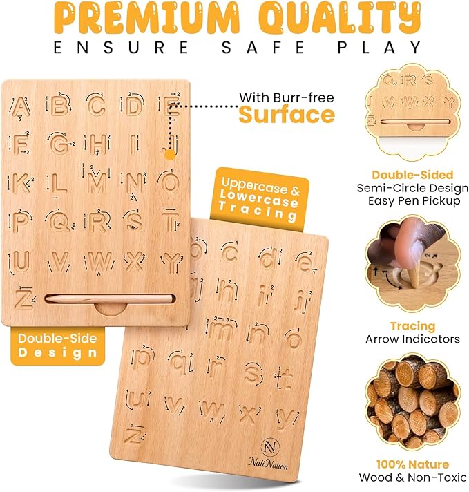 Double-Sided Wooden Alphabet Tracing Board, Premium Natural Wood, Uppercase & Lowercase Letters (16x20x1.2 cm Rectangle)