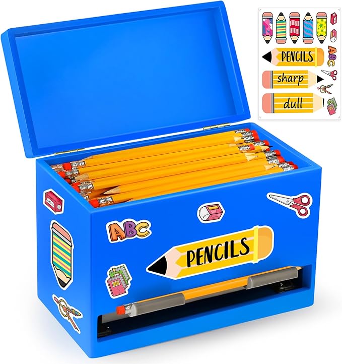 Aigybobo Pencil Dispenser for Classroom, Wooden Desk Pencil Holder, Blue | Teacher Must Haves, Classroom Organization, Wooden Dispenser for Pencils or Straws, for Offices, Kitchens, Restaurants