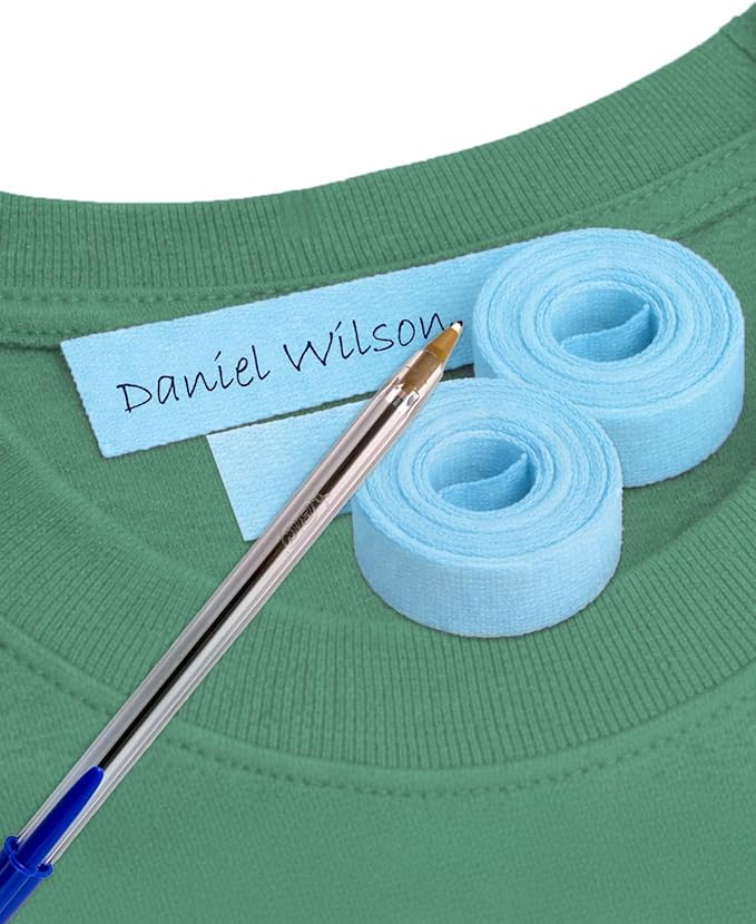 2 Rolls of Blue Fabric Label Tape 3m x 1cm. Heat Transfer, Writable. Includes Pen. Durable & Washable for Kids’ Clothes, School & Nursery