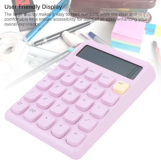 12 Digit Solar Calculator with Big Buttons Large Display Battery Operated Compact Portable for School Office Home Use (Purple)