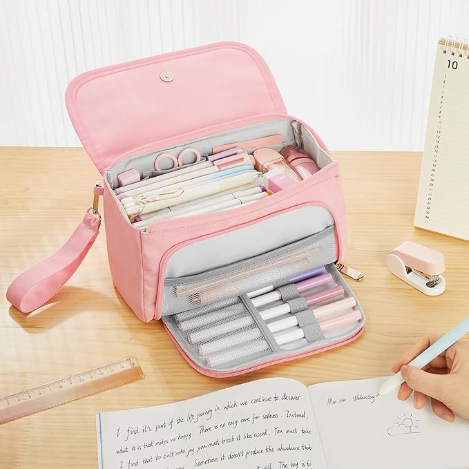 Sooez Super Large Pencil Case, Big Capacity Pencil Bag with 3 Compartments, Holds 100 Pencils, Cute Pencil Pouch with Zipper, Portable Stationery Pen Bag, Aesthetic School Supplies For Girls, Beige