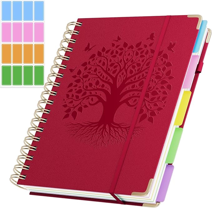 QIYVLOS Hardcover Spiral Notebook, B5 Journal with Removable Dividers Tabs, 5 Subject Notebook College Ruled, 320 Pages 8"x10" Leather Notebooks for Work School Study, Lined Journal for Women, Red