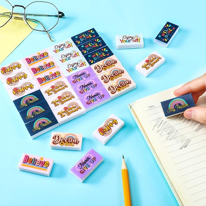 Dunzoom 100 Pcs End of Year Inspirational Pencil Erasers Bulk for Kids Back to School Fun Motivational Eraser School Office Supplies for Students Classroom Office Teacher Artists(Boho)