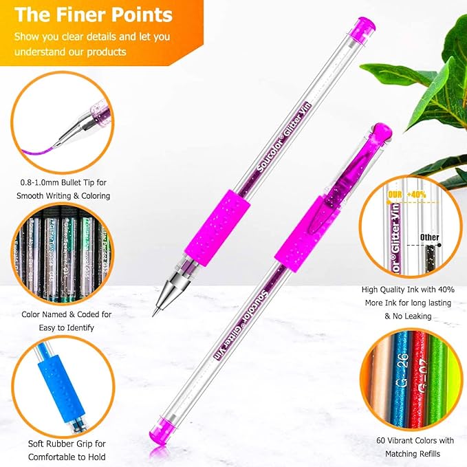 Soucolor Glitter Gel Pens for Adult Coloring Books, School Art Class Supplies,120 Pack-60 Glitter Pens, 60 Refills and Travel Case, 40% More Ink Markers Set for Drawing Doodle Journaling Planner Craft