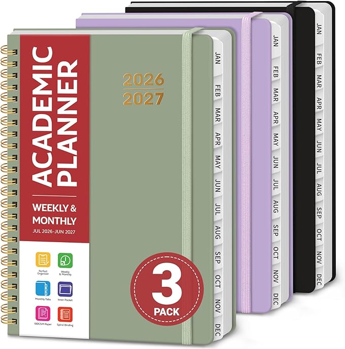 Planner 2026-2027 for Women & Men, Set of 3, Academic Monthly and Weekly Calendar Planner, Jul 2026 - Jun 2027, A5 (6.3" x 8.5"), Teacher Student Planning Book with Tabs, Ideal for Office School Supplies - Black Green Purple