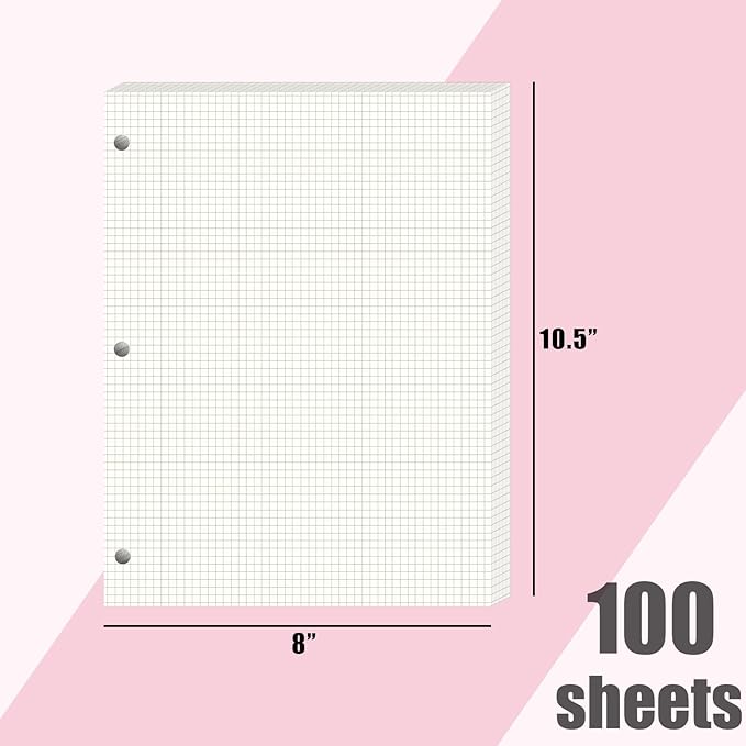 Koogel Graph Paper Filler Paper, 100 Sheets 8" x 10.5" Loose Leaf Graph, 4 x 4 Grid / 4mm Quad Ruled, 3-Hole Punched for 3 Ring Binders, Math, Physics, Engineering & School Supplies