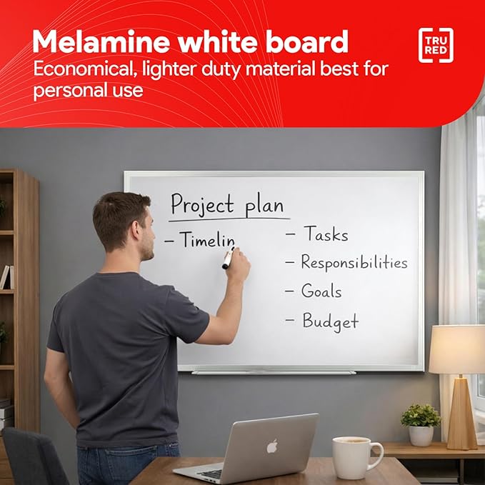 Staples TRU RED Melamine Whiteboard | Dry Erase Board for Wall, White Board with Gray Aluminum Frame, 3 ft x 2 ft