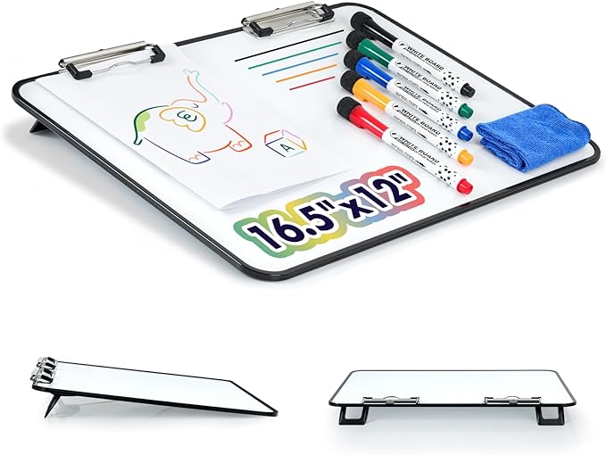 Slant Board for Writing,16.5x12 inch-Magnetic Desktop Whiteboard Writing Slope, Dry Erase White Boards Desktop with 5 Color Dry Erase Board Markers,Black Frame