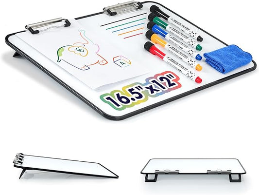 Slant Board for Writing,16.5x12 inch-Magnetic Desktop Whiteboard Writing Slope, Dry Erase White Boards Desktop with 5 Color Dry Erase Board Markers,Black Frame