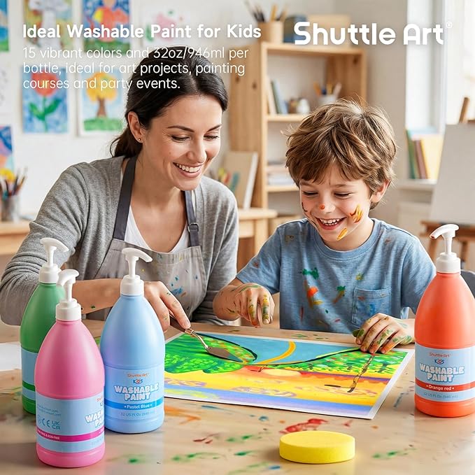Shuttle Art 15 Colors Washable Paint for Kids, 32 oz Bulk Tempera Paint with Pump, Non-Toxic Kids Washable Paint for Art and Crafts, School & Home Must Haves