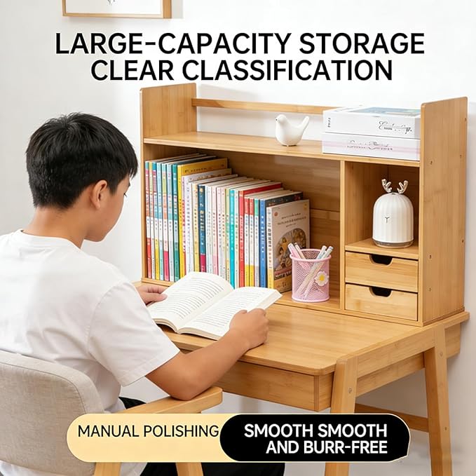 Bamboo Desktop Bookshelf with Drawers,2-Tier Desk Organizer Shelf,Small Desk Hutch with Storage for Office,Dorm,Bedroom,Home,Desk Top Bookshelf with Rounded Corners,22.8"x7.5"x18.1"