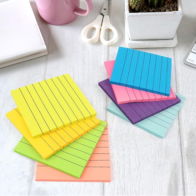 40 Pack Lined Sticky Notes 3x3 Inch, Ruled Stickies Super Sticking Power Memo Pads, 8 Bright Colorful Post It Notes for Office, Home, School, Meeting