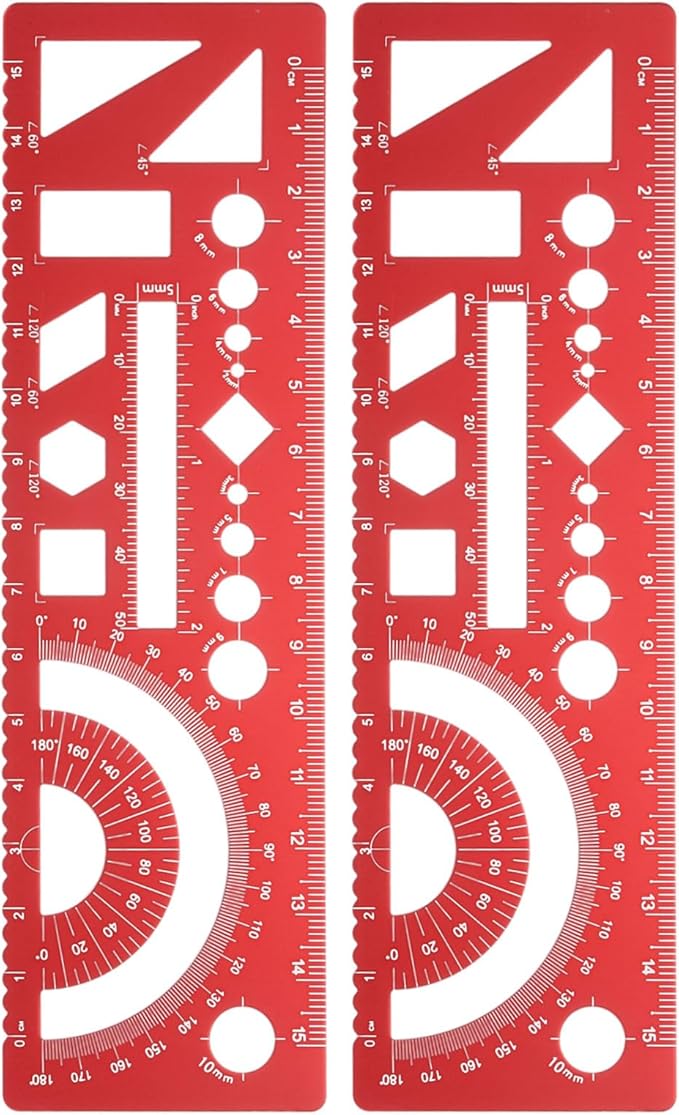 HARFINGTON 2pcs Multifunctional Geometric Rulers 15cm Metric and SAE Aluminum Straight Edge Protractor Angle Math Measuring Ruler Geometric Drawings Templates for Drawing Drafting, Red