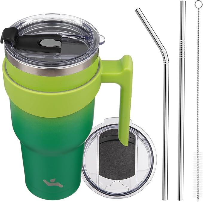 Konokyo 40 oz Tumbler with Handle and 2 Straw 2 Lid, Insulated Water Bottle Stainless Steel Vacuum Cup Reusable Travel Mug,Matcha Green