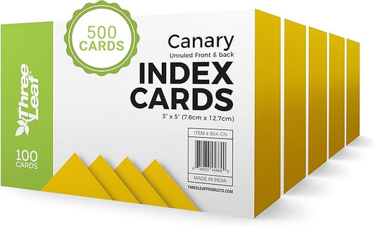 THREE LEAF 3 X 5, INDEX CARDS UNRULED, 500 CT. (100 x 5) CANARY, Blank Flash Cards, Study Card, Memo Pad, For To-Do List, Art And Craft Projects