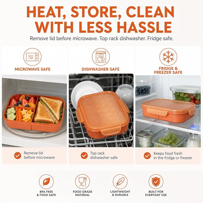MISS BIG® Bento Lunch Box for Kids, 1150ml, 3 Compartments, Coral Orange | Coral orange 1150ml kids bento box for school lunch, daycare meals, snacks, picnic, and travel.