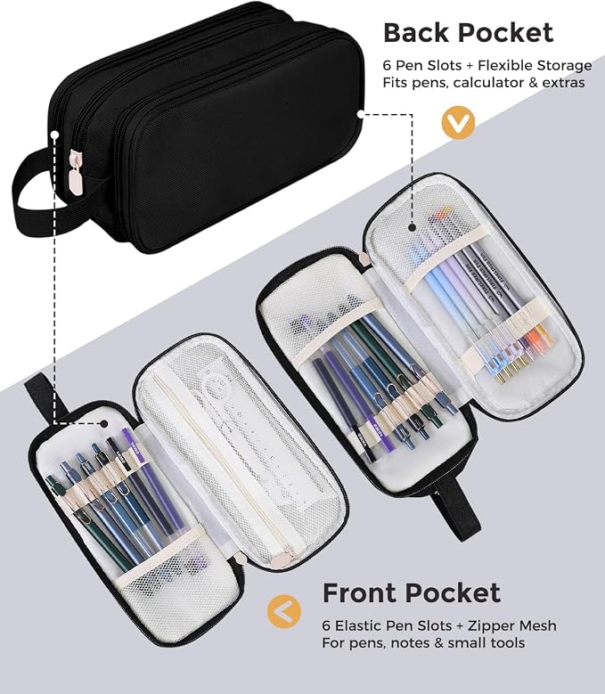 SKYDUE Large Capacity Pencil Case with Handle, 3 Compartment Canvas Pencil Pouch, Cute Soft Color Pencil Bag for Pens, Markers, Aesthetic Stationery and Organizer for Teen Girls Adult, Black