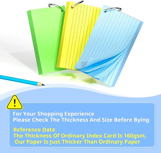 Index Cards 3x5 Inches, 250 PCS, Colored Flash Cards With Ring, Punched Lined Study Card Ruled Flashcards Notecards, Ruled Front And Blank Back, Note Card for School, College And Home