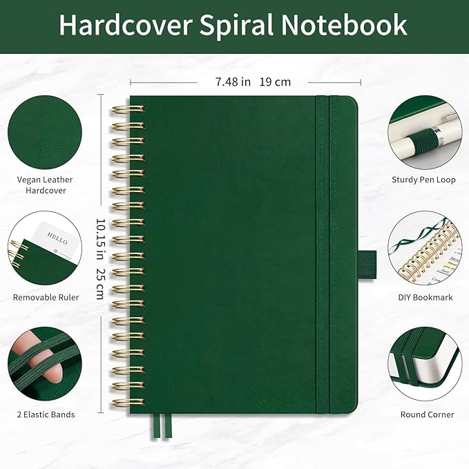 EMSHOI Spiral Graph Notebook, 300 Pages, B5 Large 7.48"x10.15", 100 GSM Thick Paper, PU Leather Hardcover, 5mm Grid Journal for Work School Math Engineering Writing Graphing, Dark Green