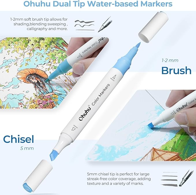 Ohuhu Water-based Markers for Adult Coloring Books No Bleeding 64 Colors Dual Tips Coloring Markers for Kids Adults Beginners Drawing Pens for Journaling Lettering (Brush & Chisel)