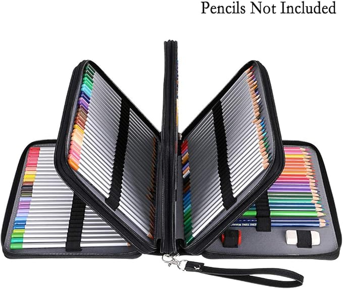 BTSKY 200 Slots Colored Pencil Organizer - Deluxe PU Leather Pencil Case Holder with Removal Handle Strap Pencil Box Large for Colored Pencils Watercolor Pencils (Black)