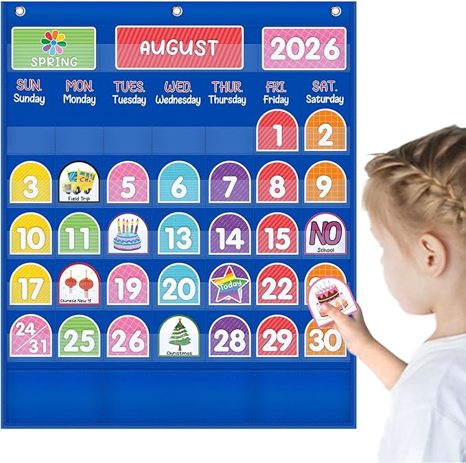 Mewise Monthly Calendar Pocket Chart with 92 Activity Cards for Kids,Simplified Calendar Pocket Chart for Kids Easy Learning,Classroom/Teacher Must Have Supplies/School Decor (Blue English)