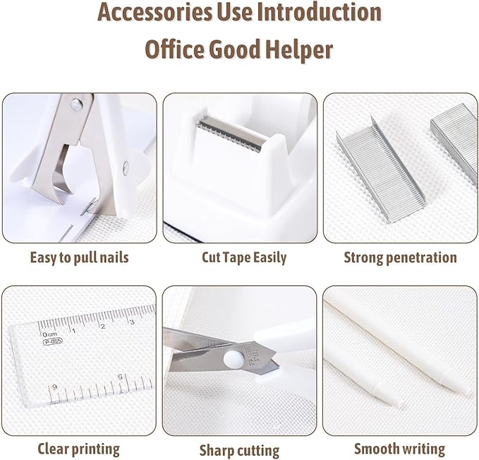 Gawsey Desk Organizers and Accessories Set with 360-Degree Rotating Pen Holder, Tape Dispenser, Stapler, Staple Remover, 1000 Staples, Tape, Clips Set, Ruler, Scissor, Pen (White)