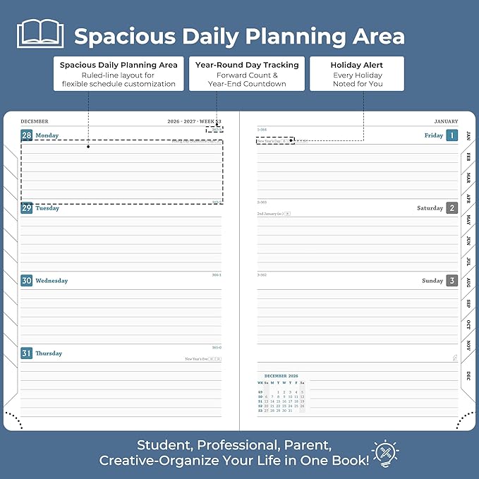 Planner 2026-2027 Daily Weekly and Monthly,8.5"x6.5",18 Months Spiral Bound Calendar Agenda with Self-adhesive Pen Holder,2026 Academic Plan with Vegan Leather Soft Cover,Blue