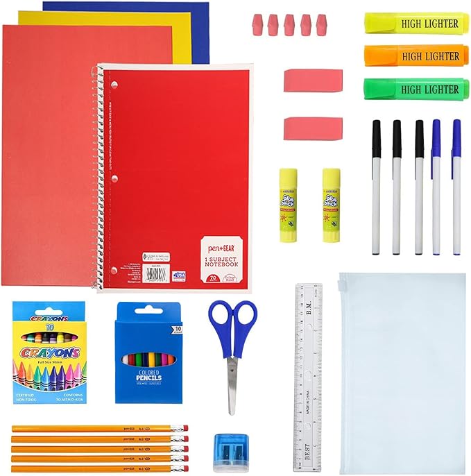 Moda West 50 Piece Bulk School Supplies Kits - Pens, Pencils, Crayons, and More - Value Pack of 12 Kits - Essential Box of School Supplies for Elementary, Middle, and High School Students