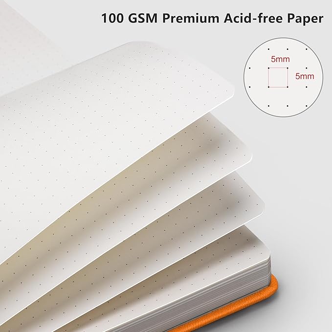 RETTACY Dotted Journal Notebook, 192 Pages, A5 Medium Size (5.7'' x 8.3''), Leather Hardcover, 100 GSM Thick Paper, for Journaling, Planning, Tracking (Orange)