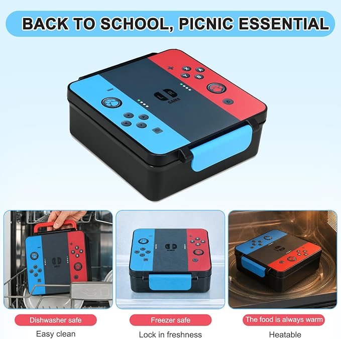 Gamer Bento Lunch Box for Kids, 60 OZ Kids Lunch Box with 8 OZ Leakproof Stainless Steel Insulated Food Jar, 3-4 Compartments Bento Box for School, Includes Sauce Cup & Divider (Blue-Red-A2)
