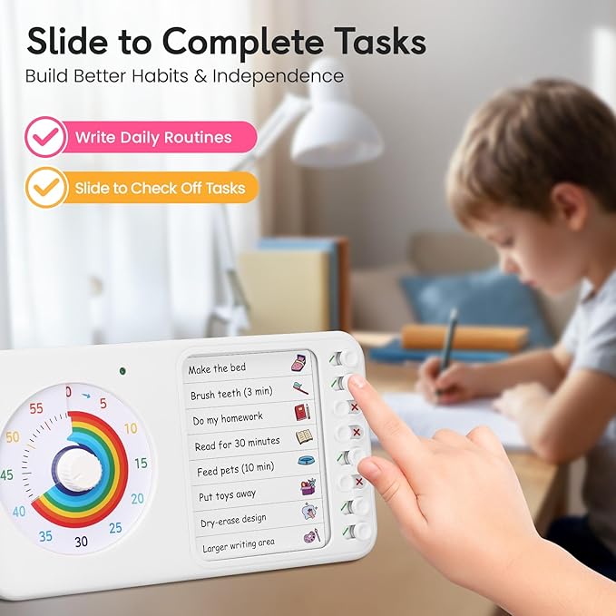 2-in-1 Visual Timer with Task Board for ADHD & Autism, Dry Erase Chore Chart and Visual Schedule for Kids & Adults, Rainbow Countdown Timer for Classroom, Home, Homeschool (White)