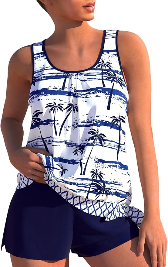 Modlily Modest Two Piece Tankini Swimsuits, Tropical Plants Print Bathing Suits, Casual Tank Top with Board Shorts